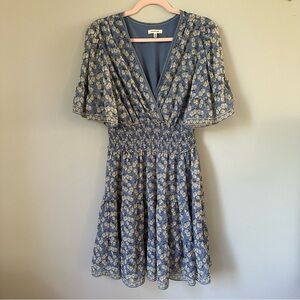 Max Studio women’s short dress size L V-neck flutter sleeve stretchy waist blue